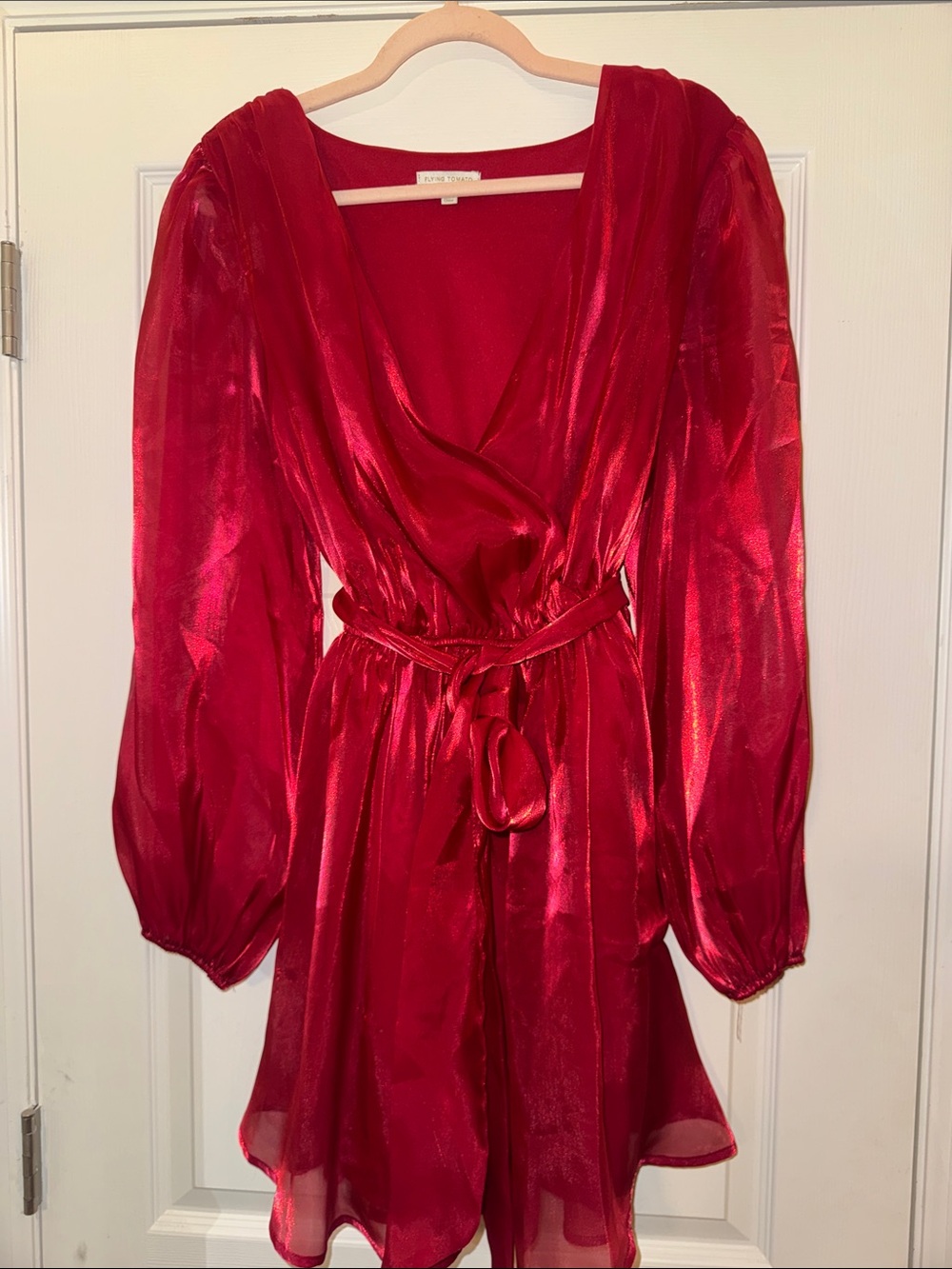 Flying Tomato Shimmery Sheer Ribbon Red V-Neck Long Sleeve Mini Dress